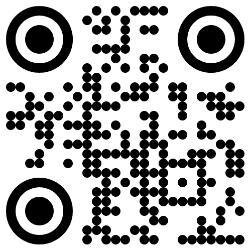 Black and white QR code with circular patterns in corners.